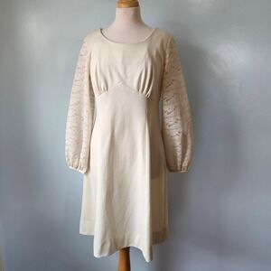 Vtg 60s 70s Cream Empire Waist Dress Lace Bishop Sleeve Mod Shift Cream Ivory